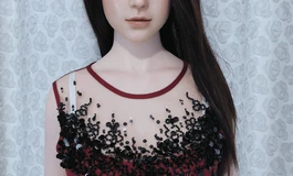 红色钉珠裙女子，治愈笑容